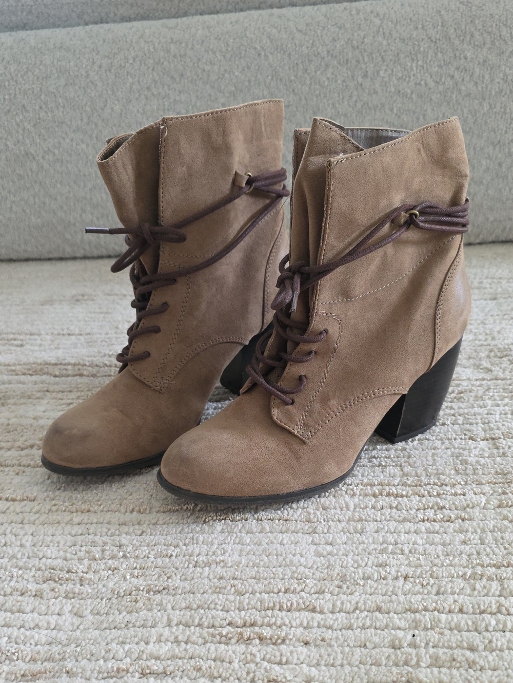 Qupid Taupe Suede Lace-Up Ankle Boots with Wrap Ties